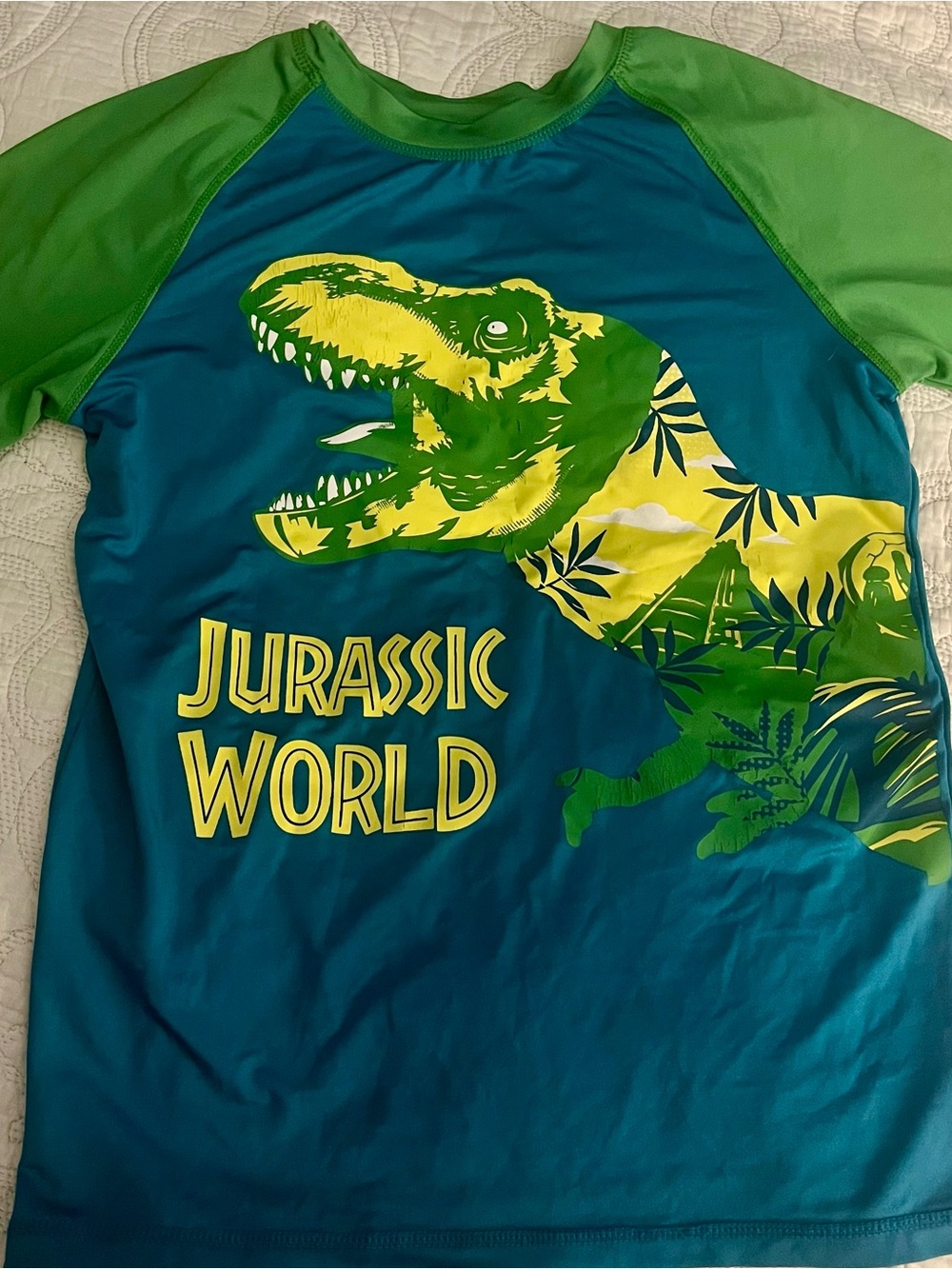 🦖Jurassic World T-Rex Short Sleeve Rash Guard | Boys M 8/10 | Universal Studios